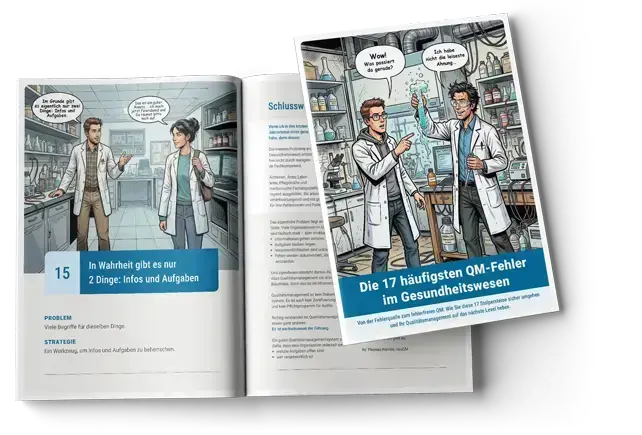Geöffnete Broschüre und Cover im Comic-Stil zum Thema Qualitätsmanagement im Gesundheitswesen mit zwei Forschenden im Labor.