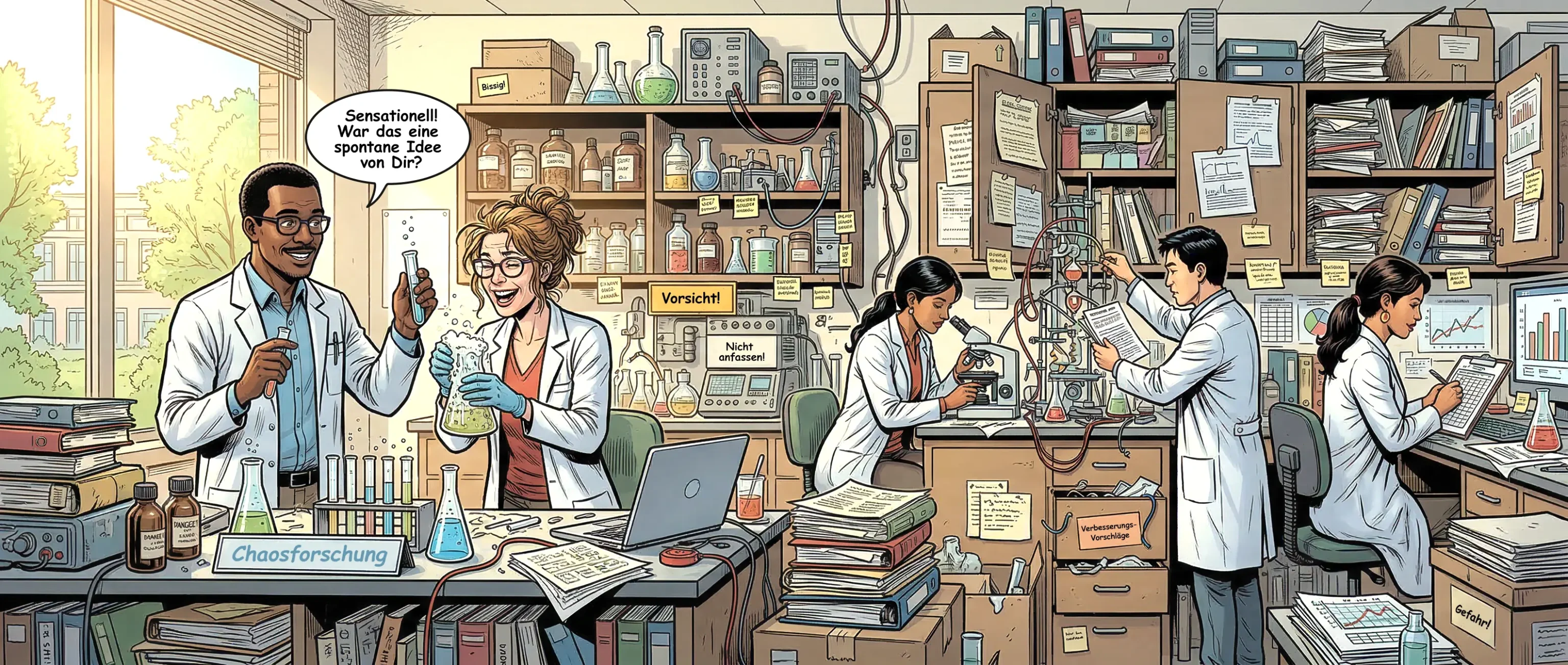 Comic-Illustration zweier lachender Forschender im Labor beim Experimentieren; auf einem Schild steht „Chaosforschung“.