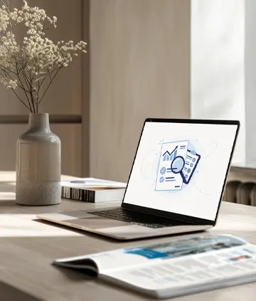 Hell gestalteter Arbeitsplatz mit Laptop, aufgeschlagenem Magazin und Trockenblumen; auf dem Bildschirm ist eine Analyse-Grafik zu sehen.