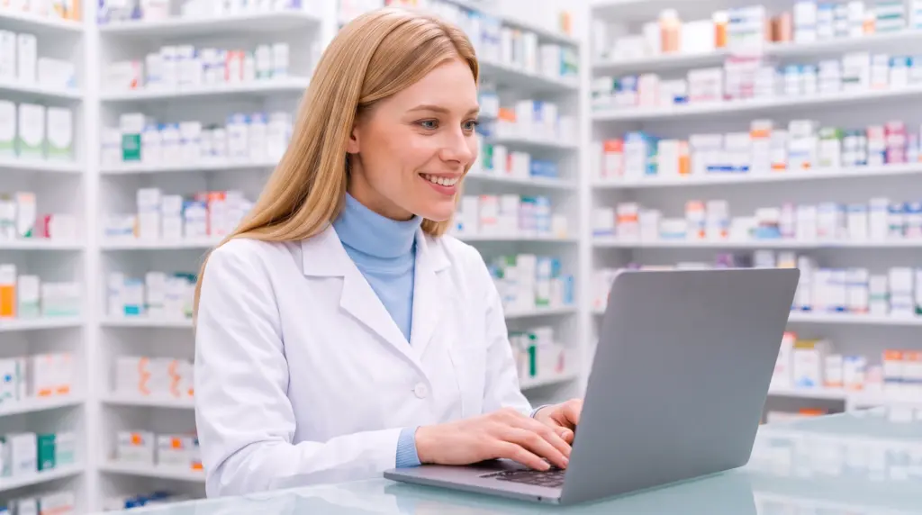 Lächelnde Apothekerin im weißen Kittel am Arbeitsplatz in einer modernen Apotheke.